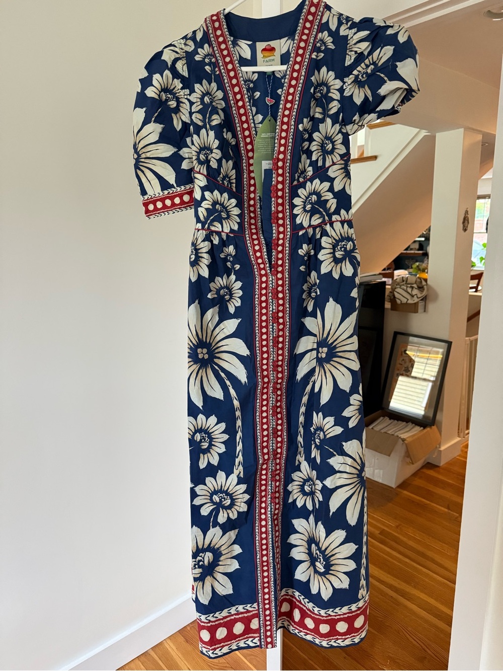 FARM RIO: Luna Blue Maxi Dress. Floral with Red Trim. NEW TAGS ON.